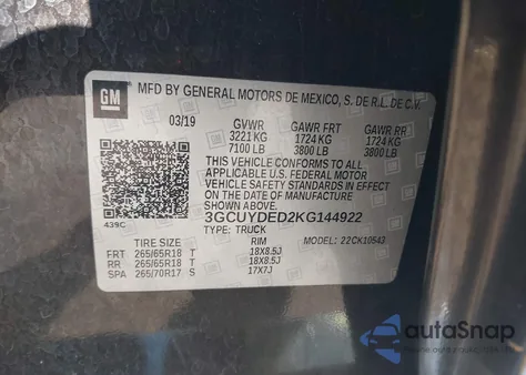 2019 Chevrolet Silverado 1500 Lt из США, поврежденный, VIN 3GCUYDED2KG144922